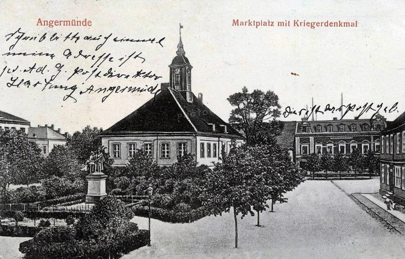 Angermünde, market square, district of Uckermark in the state of Brandenburg, Germany, postcard, view around 1900 - 1910, historical, digital reproduction of a historical postcard, authentic, public domain, from that time, exact date unknown