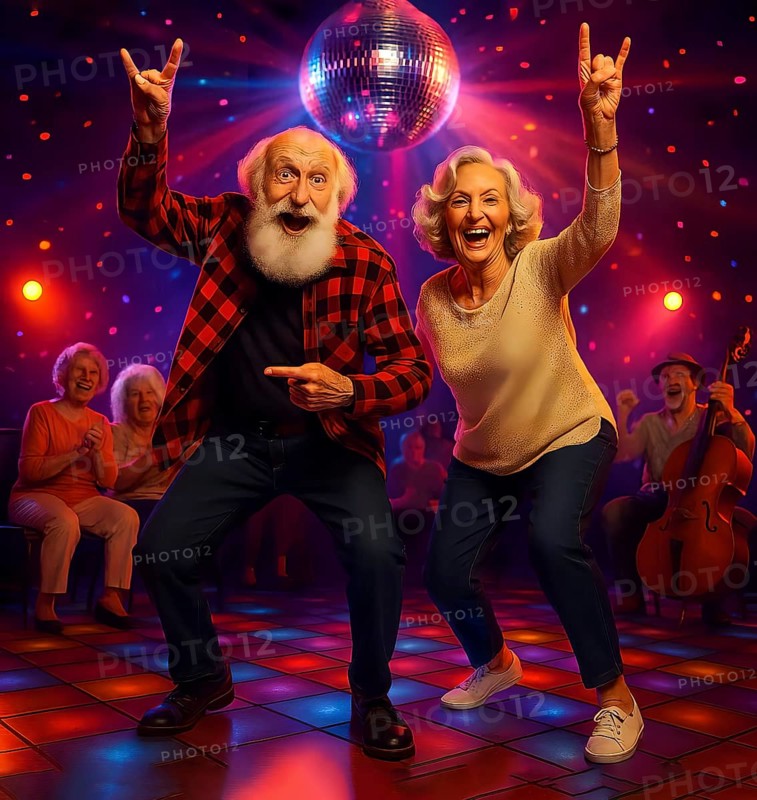 Two mobile seniors, an old man and an old woman dance enthusiastically to fast music, symbolic image, cheerful, joie de vivre in old age, fun, leisure, disco, listening to music, satisfied, happy, AI-generated, AI-generated, AI generated