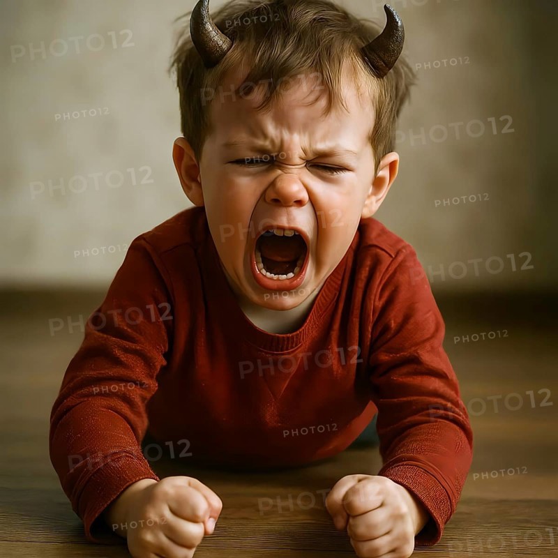 In little boy with devil horns screams and cries angry and angry, symbol anger, angry, upbringing, child, child-rearing, pedagogy, frustrated, anger, contradiction, screaming, crying, devil, devilish, AI-generated, AI-generated, AI generated