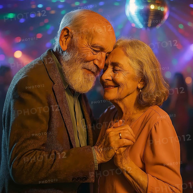 Two mobile seniors, an old man and an old woman dance dreamily to romantic music, symbolic image, cheerful, zest for life in old age, fun, leisure, disco, listening to music, in love, satisfied, happy, AI-generated, AI-generated, AI generated