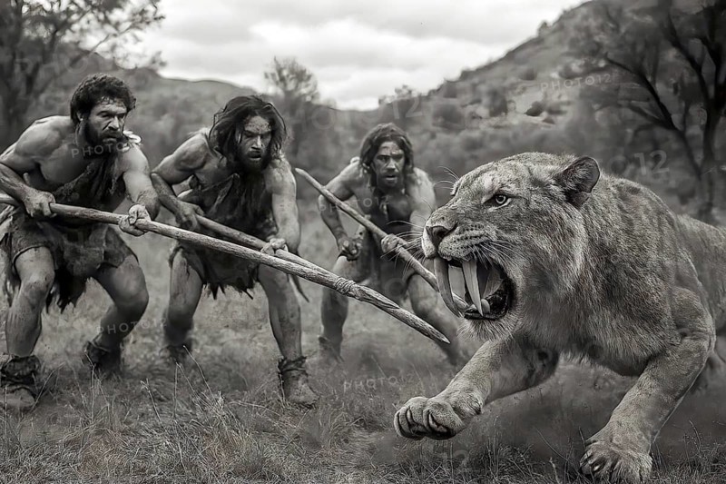 A sabre-toothed tiger, sabre-toothed cat, Smilodon (Machairodontinae) is attacked by prehistoric hunters with spears, symbolic image predator, prehistoric, extinct, animal portrait, Pleistocene, AI generated, AI generated