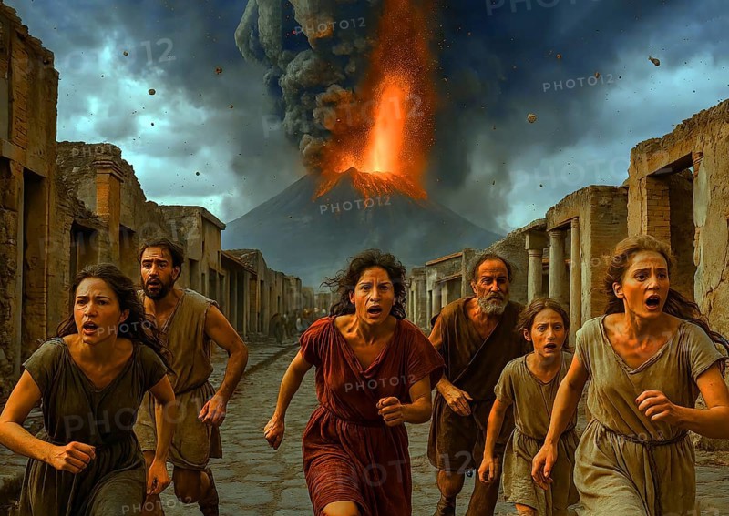 People are running for their lives, the fall of the Roman city of Pompeii in 79 AD due to an eruption of the volcano Vesuvius, symbol Roman Empire, antiquity, Herculaneum, volcanic eruption, disaster, history, natural disaster, lava, fire, ash, ash, rain, eruption, ruins, destruction, historic, UNESCO site, UNESCO World Heritage, AI generated, AI generated