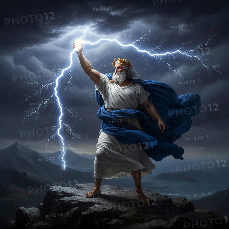 The father of the gods Zeus hurls lightning out of his hand from Olympus, symbolic image Greek mythology, antiquity, god, deity, Jupiter, Roman, legend, AI generated, AI generated