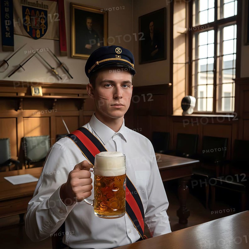 Student of a fellowship, a beating association with the typical shot in the face, symbolic image reactionary, corps, student association, university, scale, AI generated, AI generated
