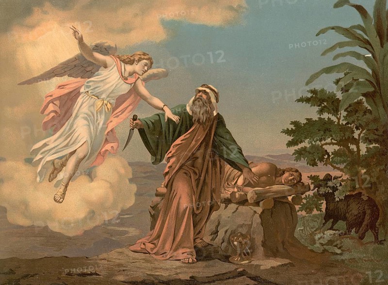 Scene from the biblical story, God asks Abraham to sacrifice his beloved son Isaac on Mount Moriah to test his faith, at the last moment Abraham is held back by an angel and a ram is sacrificed in his place, authentic reproduction of a school mural, historical, around 1900