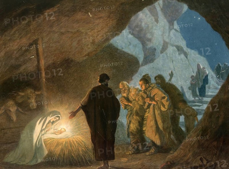 Scene from the biblical story, The birth of Jesus in Bethlehem is the central event of the Christmas story, told in the Bible where Mary and Joseph had to travel there because of a census and Jesus was placed in a manger in a stable or a grotto, authentic reproduction of a school mural, historical, around 1900