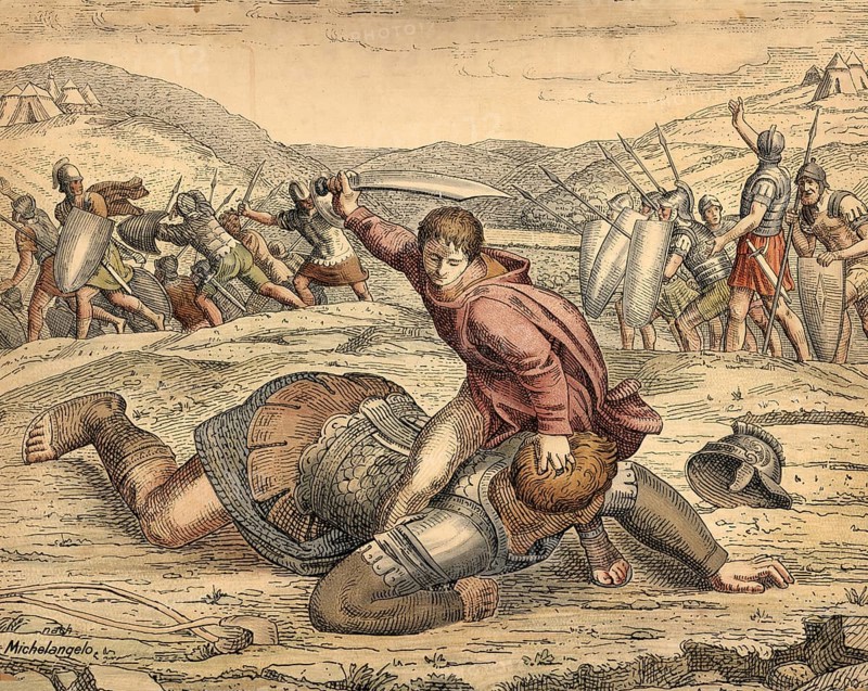 Scene from the biblical story, The story of David and Goliath is from the Old Testament of the Bible and describes the unlikely victory of a young shepherd over a huge warrior, authentic reproduction of a school mural, historical, around 1900