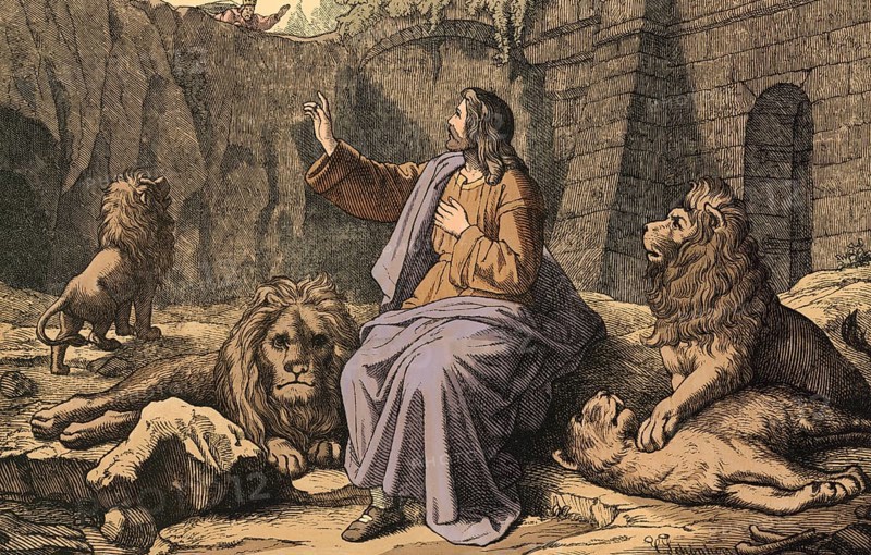 Scene from the biblical story, Daniel in the lion's den, well-known biblical story in which the prophet Daniel is slandered by envious court officials and thrown into a pit with hungry lions as punishment for continuing to pray to his god, authentic reproduction of a school mural, historical, around 1900