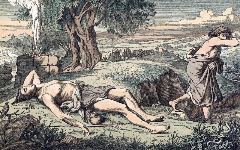Scene from the biblical story, Cain and Abel, a central story from Genesis, the Bible, in which the farmer Cain kills his brother Abel, a shepherd, out of jealousy, authentic reproduction of a school mural, historical, around 1900