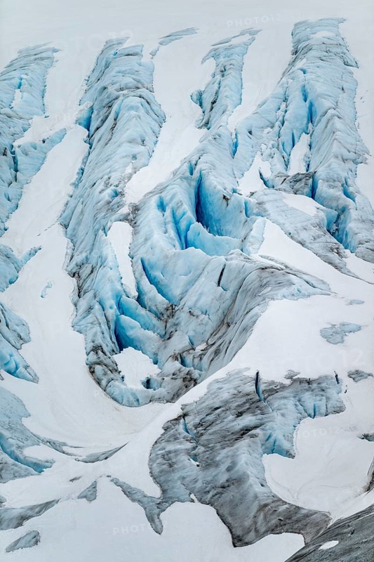 Blue rugged glacier ice with crevasses and snow, detail, Exit Glacier, Kenai Peninsula, Alaska, USA