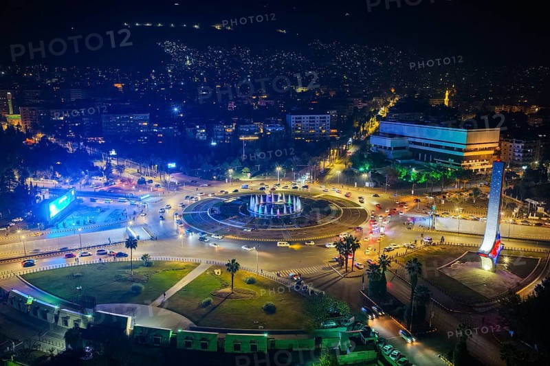 In Damascus, Syria, on December 29, 2025, nighttime drone footage shows the Syrian capital fully illuminated, capturing city lights and urban landscapes as the year comes to an end, Damascus, Damascus, Syria