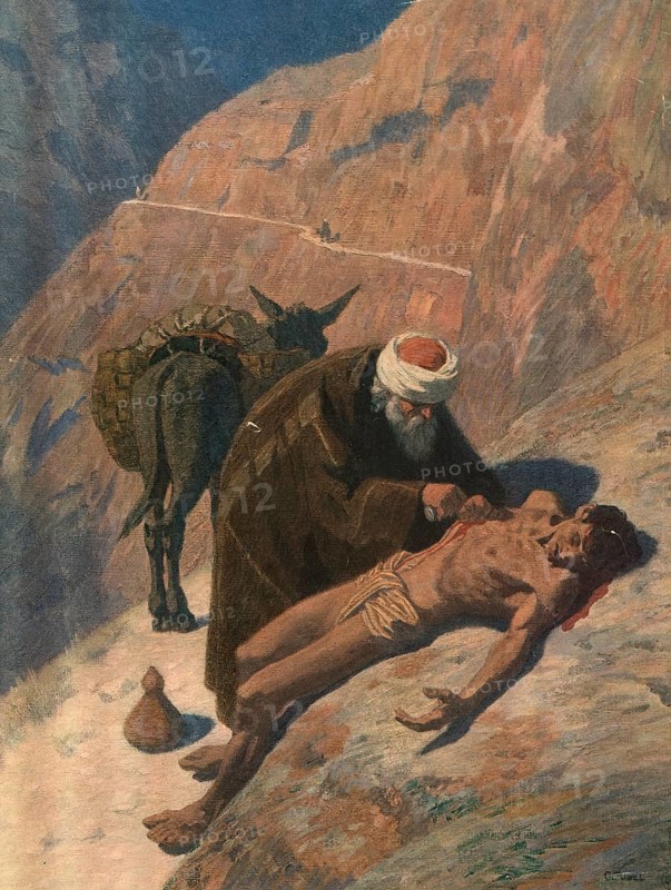 Scene from the biblical story, The Parable of the Good Samaritan is one of the most famous stories of Jesus in the New Testament, authentic reproduction of a school mural, historical, around 1900