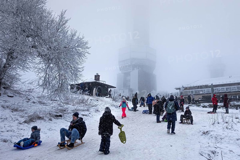 After the snowfall of the last few days, many people have come to the Großer Feldberg in the Taunus (Hesse) to go sledging, Großer Feldberg im Taunus, Schmitten, Hesse, Germany