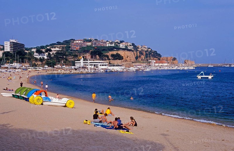 Houses, people, Sant Feliu de Guixols beach on the Costa Brava, Spain, June 1999, vintage, retro, old, historic