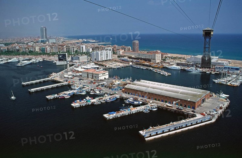 View from cable car to harbour and Torre Sant Sebastiá, Barcelona, Spain, June 1999, vintage, retro, old, historic