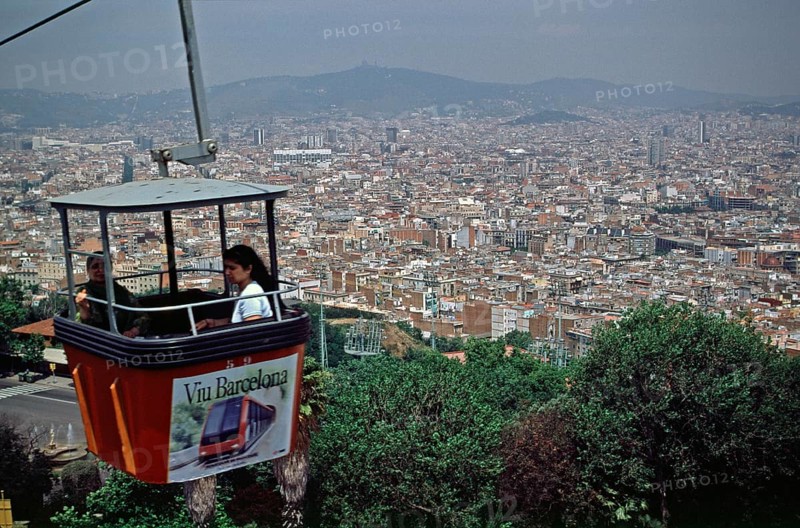 View of the city from the Montjuic cable car, Barcelona, Spain, June 1999, vintage, retro, old, historic