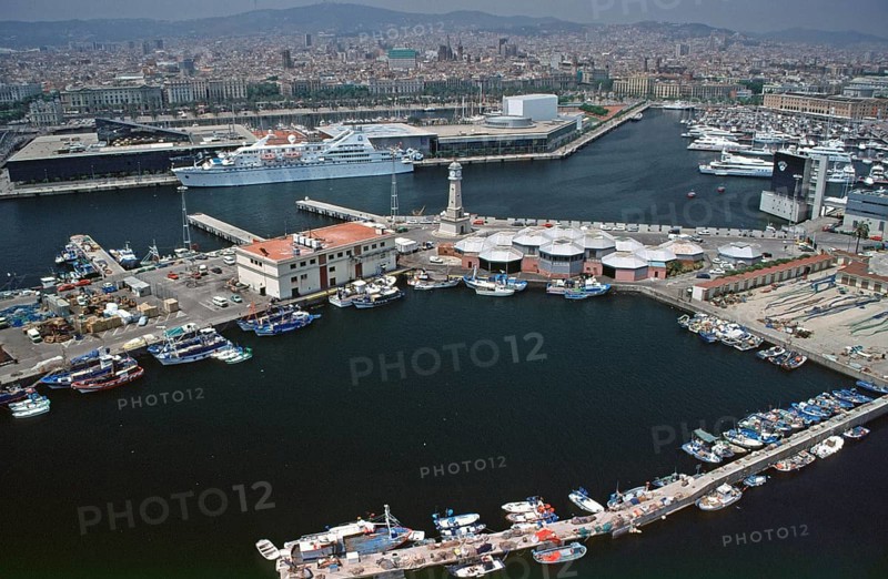 View from cable car to harbor, cruise ship, Barcelona, Spain, June 1999, vintage, retro, old, historic