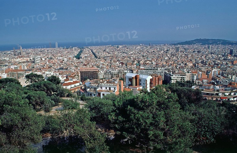View of the city from Montjuic, Barcelona, Spain, June 1999, vintage, retro, old, historic