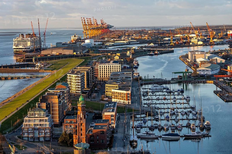 Overview of Bremerhaven's New Port and overseas port with container terminal, Disney Adventure cruise ship at Bremerhaven Cruise Port, Bremen, Germany