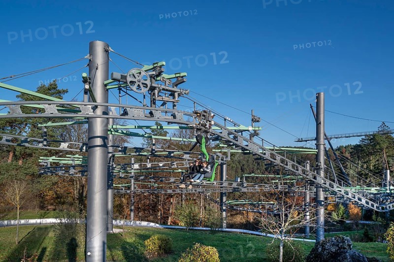 Ski lift for the summer toboggan run in Erlebnisfelsen Pottenstein, Pottenstein, Upper Franconia, Bavaria, Germany