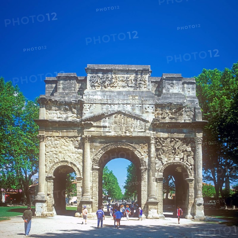 People, children, Arc de Triomphe in Orange, Provence, southern France, June 1999, vintage, retro, old, historical