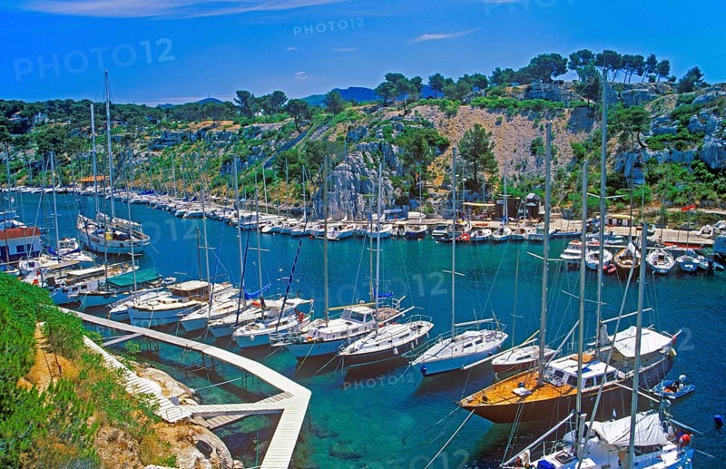 Marina, boats, Port-Miou bay, Massif des Calanques, Bouches-du-Rhône department, southern France, June 1999, vintage, retro, old, historic