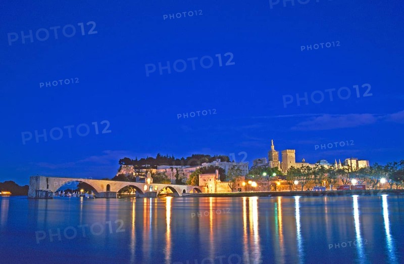 Avignon at night, bridge, Rhône river, Provence, southern France, France, June 1999, vintage, retro, old, historic