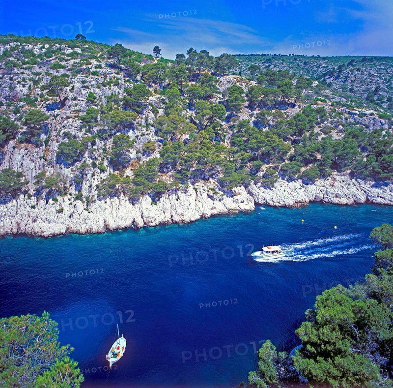 Boats, Port-Pin bay, Massif des Calanques, Bouches-du-Rhône department, southern France, June 1999, vintage, retro, old, historic