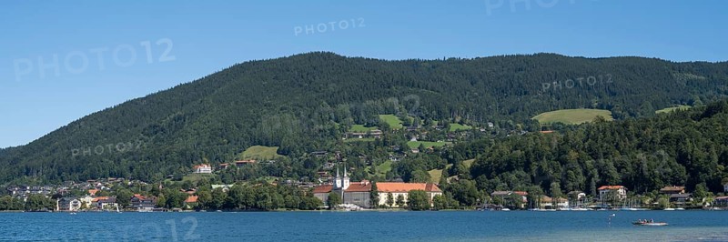 Parish Church of St. Quirinus, Tegernsee Abbey, Castle with Braustüberl, view from Seeufer Point, village Tegernsee, Upper Bavaria, Bavaria, Germany