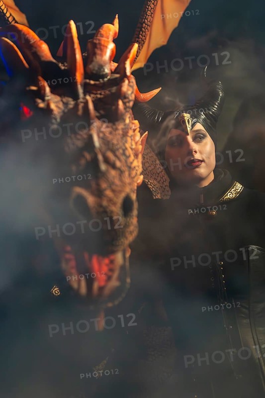 Teufelin, woman with horns with dragon, fog, murmurs, winter, Waldburg Castle, Allgäu, Baden-Württemberg, Germany