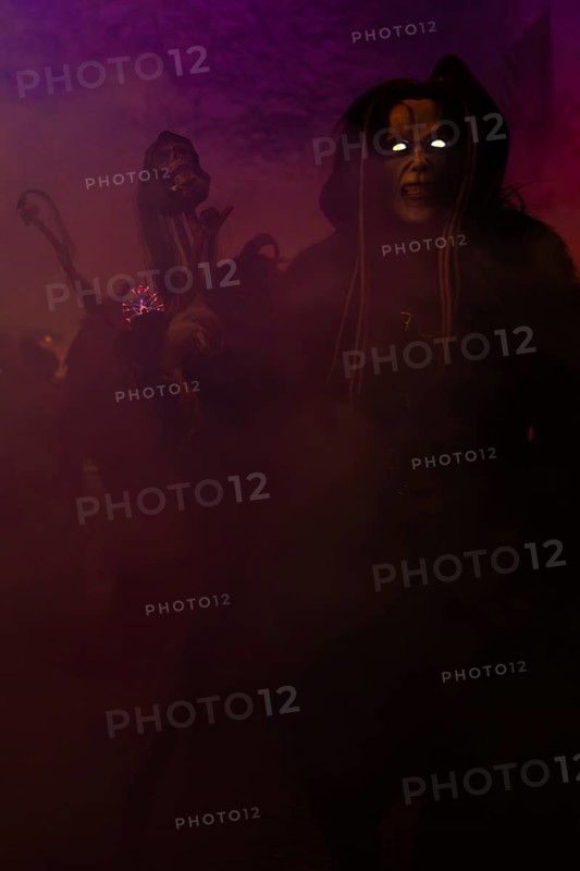 Krampus with glowing eyes, fog, murmurs, winter, Waldburg Castle, Allgäu, Baden-Württemberg, Germany