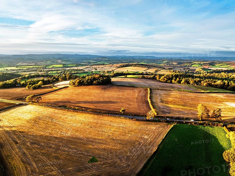 Colours of Devon Farms and Fields over Berry Pomeroy from a drone, Totnes, England, United Kingdom