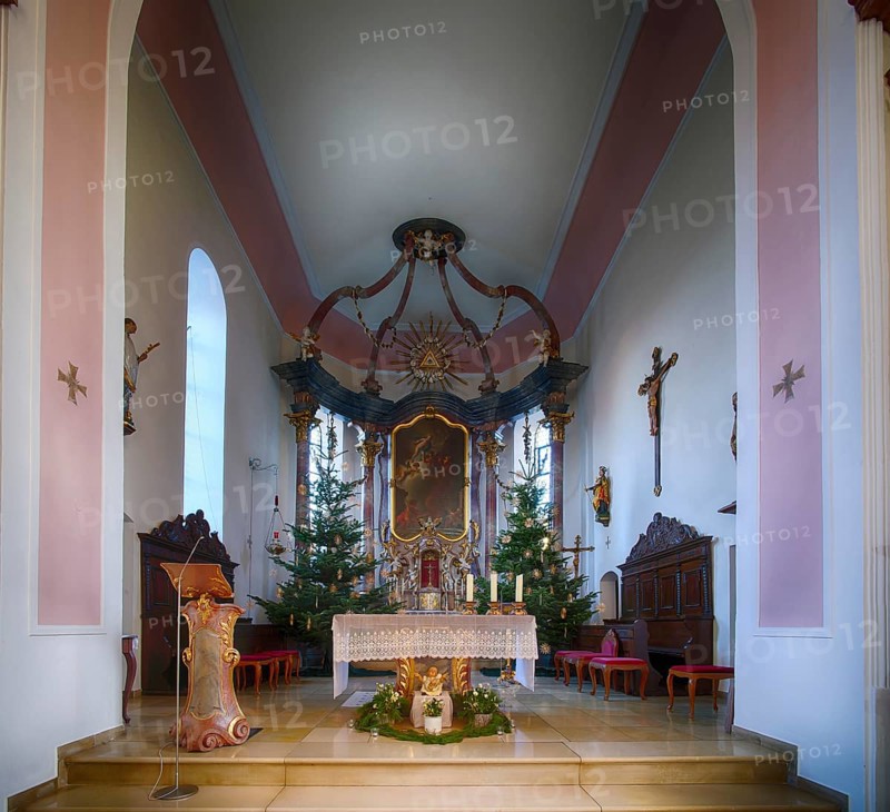 Interior view, choir room, altar, Catholic Saint Barbara church from 1783, baroque, Christmas decoration, Christmas, Hofen, Mühlhausen am Neckar district, Stuttgart, Baden-Württemberg, Germany