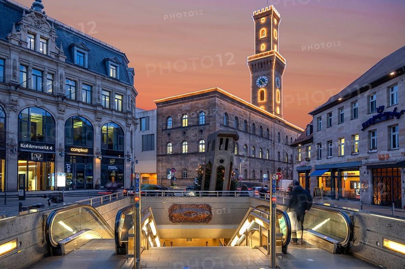 Fürth Town Hall in evening lighting, the tower is imitated the tower of the Palazzo Vecchio in Florence, in front a subway entrance, evening sky, Fürth, Middle Franconia, Bavaria, Germany