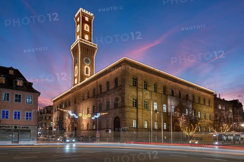 Fürth Town Hall in evening lighting, the tower, is imitated the tower of the Palazzo Vecchio in Florence, evening sky, Fürth, Middle Franconia, Bavaria, Germany