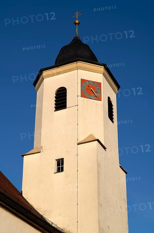Church tower, Catholic St. Barbara church from 1783, Hofen, Mühlhausen am Neckar district, Stuttgart, Baden-Württemberg, Germany