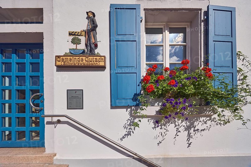 Town hall, municipality of Gutach Schwarzwaldbahn, façade with windows, shutters and entrance door, flower box with zonal geranium (Pelargonium hortorum) and garden petunia (Petunia × hybrida), stainless steel railings, sunny, main street, Gutach Schwarzwaldbahn, Black Forest, Ortenaukreis, Baden-Württemberg, Germany