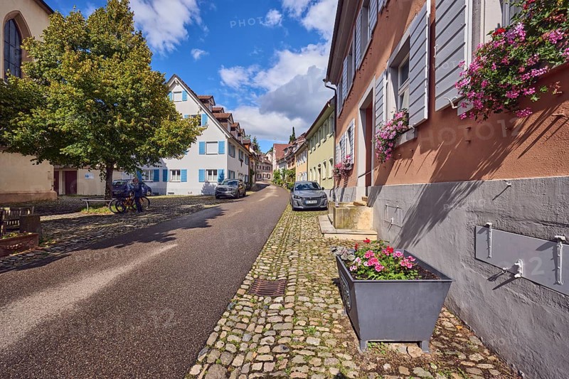 Residential buildings, apartment buildings, houses, general architecture, façade with windows and shutters, entrance, staircase, flower boxes, flower pots, tree, cars, wet road, blue sky, cumulus clouds, St.-Johannesgasse alleyway, Staufen im Breisgau, Black Forest, Breisgau-Hochschwarzwald district, Baden-Württemberg, Germany