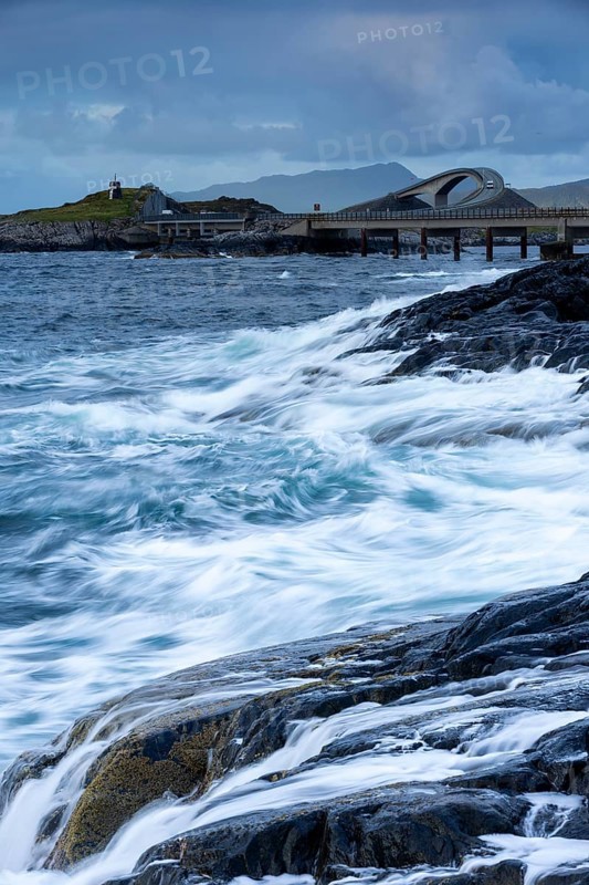 Raging water at Storseisund Bridge, Atlantic Road, Atlanterhavsveien, Karvag, Vevang, West Coast, Norway