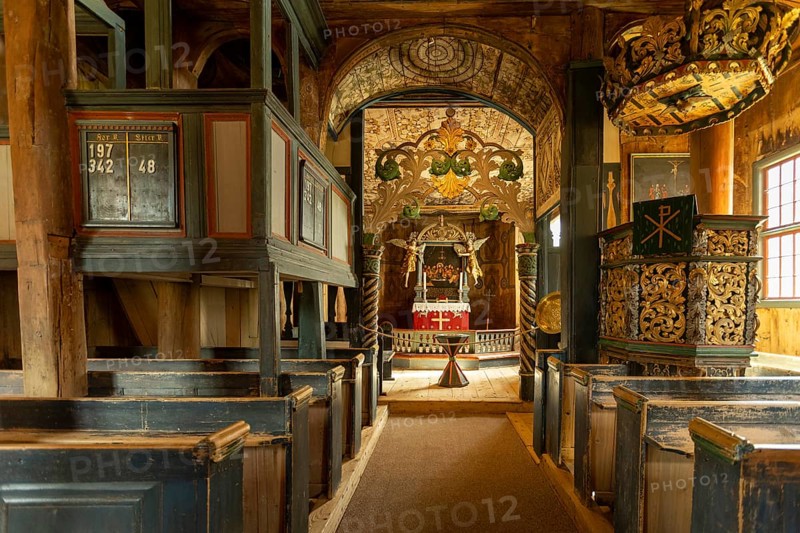Interior with a view of the altar in Lom Stave Church (Lom stavkyrkje), Lom, Norway