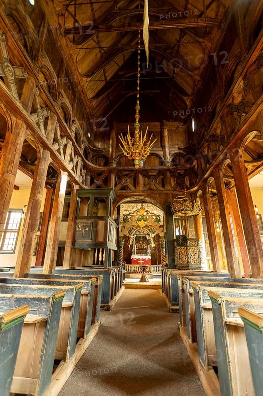 Interior with a view of the altar in Lom Stave Church (Lom stavkyrkje), Lom, Norway