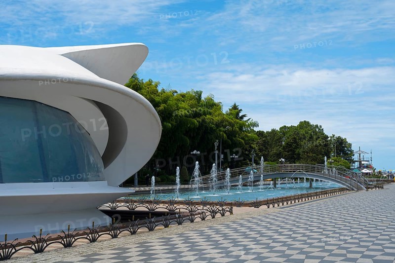 Futuristic building next to a fountain under a blue sky, left registry office, Batumi Boulevard, Batumi, Black Sea, Ajara region, Adjara, Autonomous Republic, Georgia