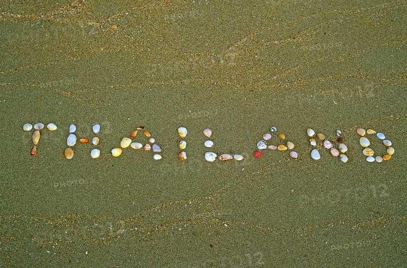 Thailand written with shells in the sand on the island of Ko Lanta, Thailand, December 2002, vintage, retro, old, historic