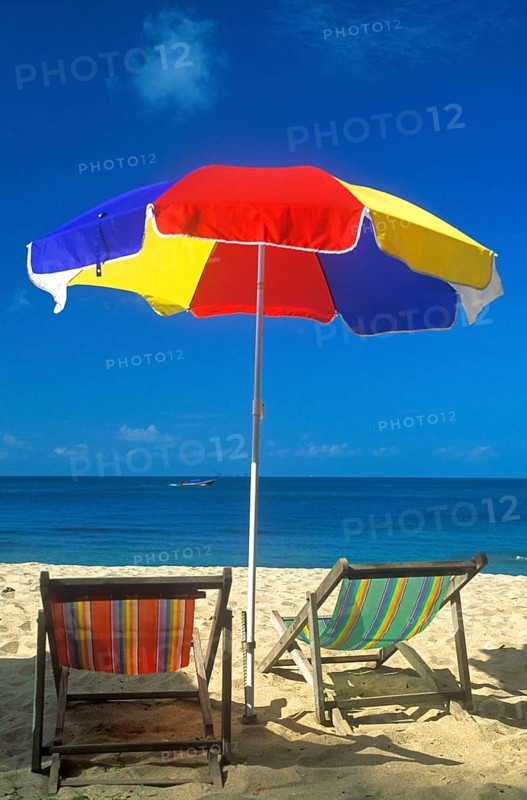 Sunshade and deckchairs on a beach on the island of Ko Lanta, Thailand, December 2002, vintage, retro, old, historic