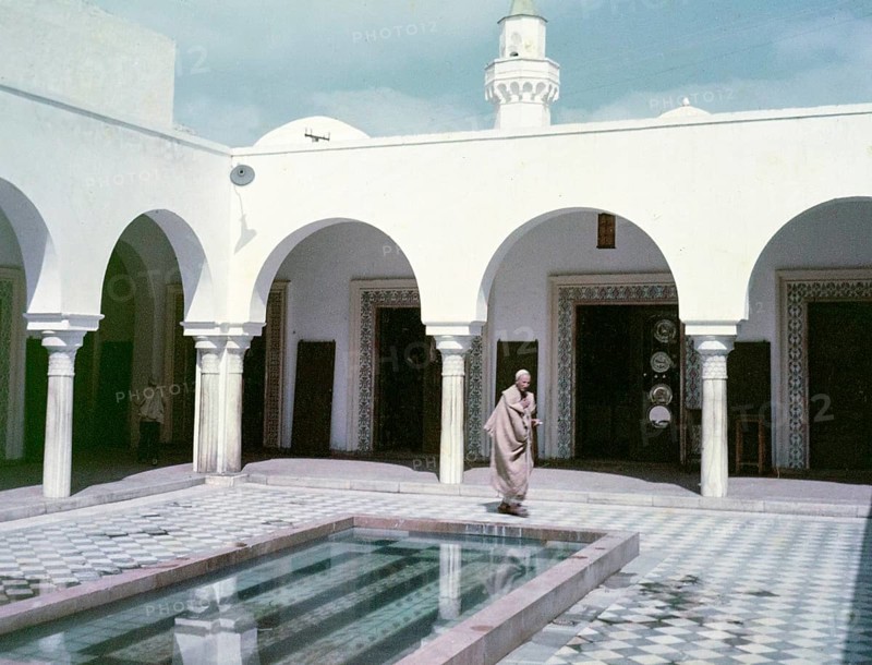Arabic architectural style in courtyard with water pool, Tripoli, Libya, North Africa 1956
