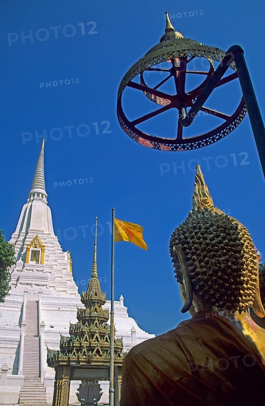 Chedi, archway, Buddha statue, white and gold temple Wat Phukao Thong, Ayutthaya, Thailand, December 2002, vintage, retro, old, historic