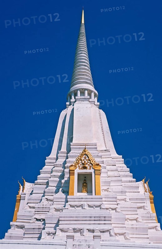 Chedi, white and gold temple Wat Phukao Thong, Ayutthaya, Thailand, December 2002, vintage, retro, old, historic