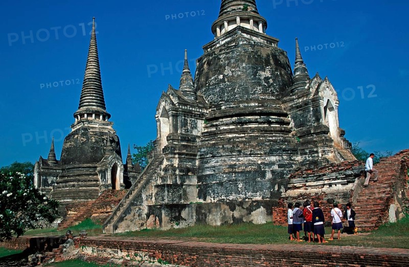People, girls, chedis at Wat Phra Si Sanphet, Ayutthaya, Thailand, December 2002, vintage, retro, old, historical