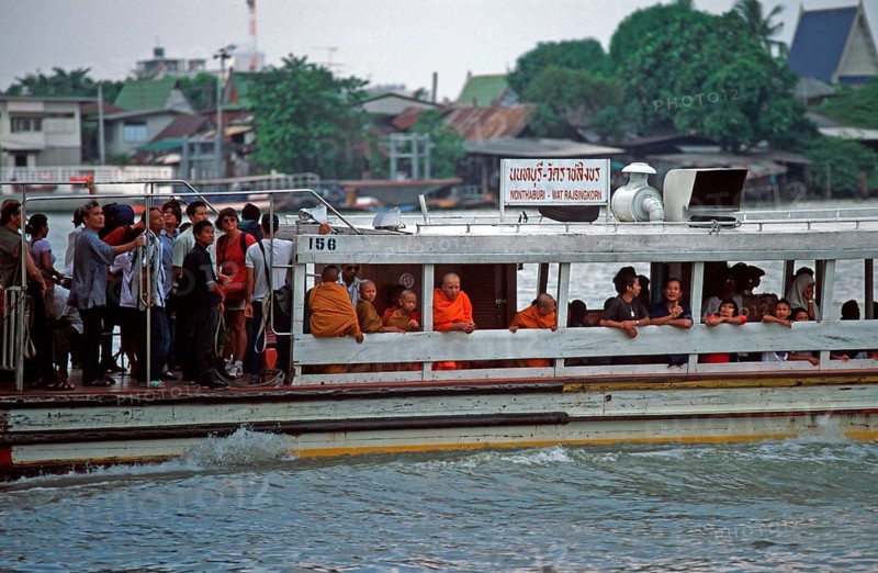 Liner on the Mae Nam Chao Phraya River, people, monks, children, Bangkok, Thailand, December 2002, vintage, retro, old, historic