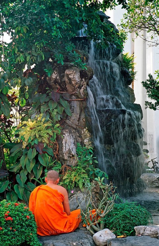 Meditating monk, waterfall, Wat Pho, Bangkok, Thailand, December 2002, vintage, retro, old, historic